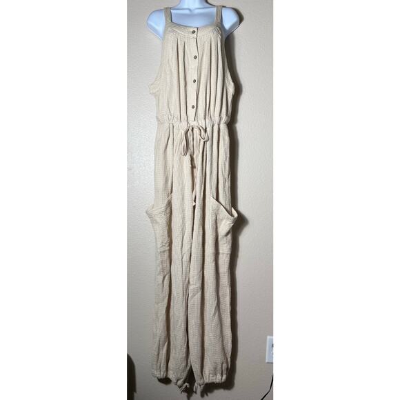 free people | cream off the grid waffle knit women's jumpsuit sz XL - Picture 2 of 11